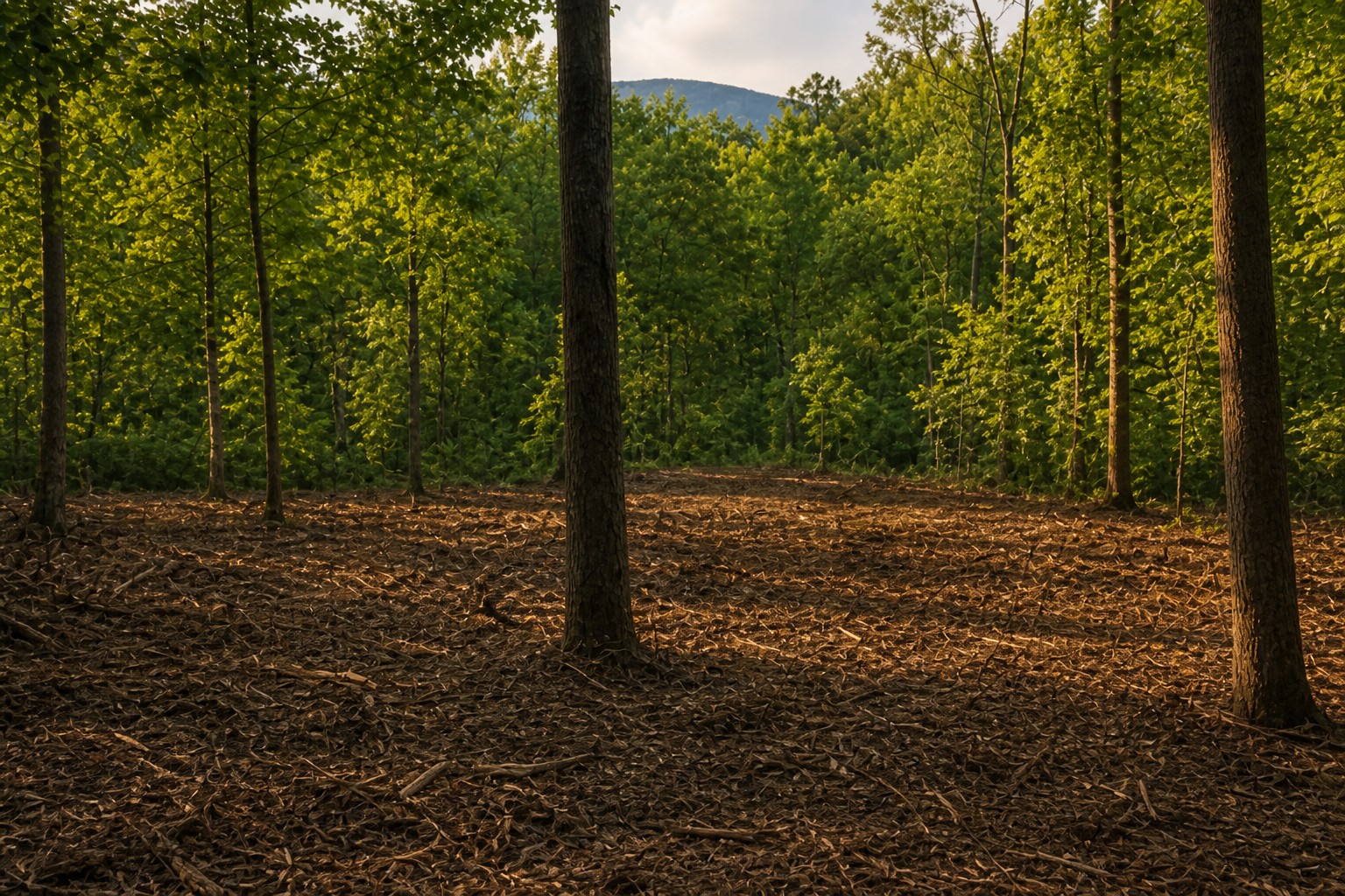 After forestry mulching: open mulched ground with retained mature trees and mountain views